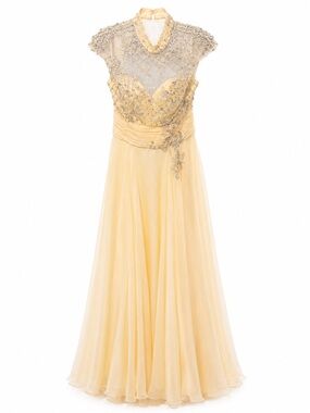 Mac Duggal 10873 Pale Yellow Beaded Chiffon Evening Gown